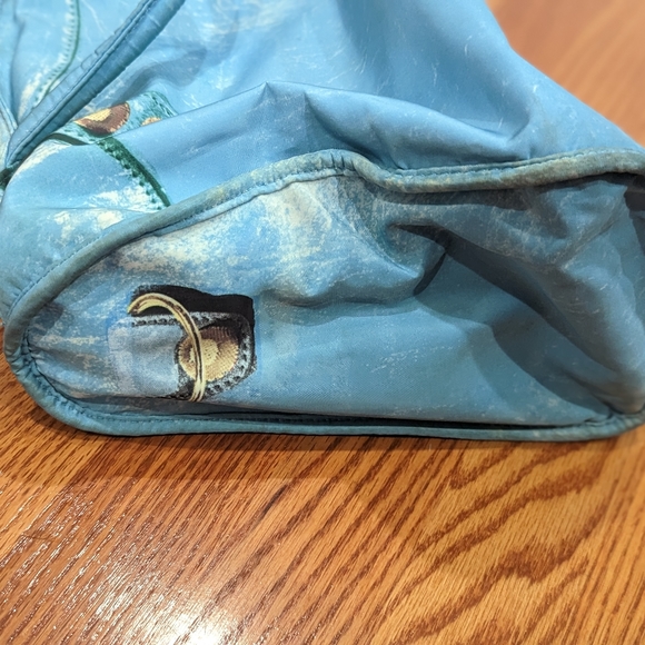 Cool unique faux denim printed shoulder bag w/ gold zipper. 10" H x 14"W x 6" D - Picture 5 of 11